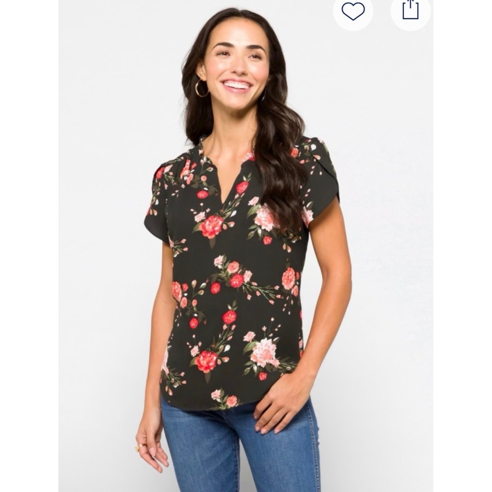 41 Hawthorn Floral Blouse Womens L Black Pink Tulip Sleeve Boho Office Feminine